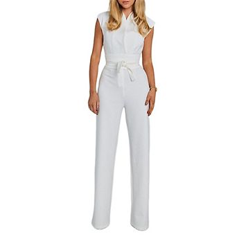 Women's Sleeveless Wide Leg Jumpsuit - Elegant Belted Solid Color One Piece Outfit