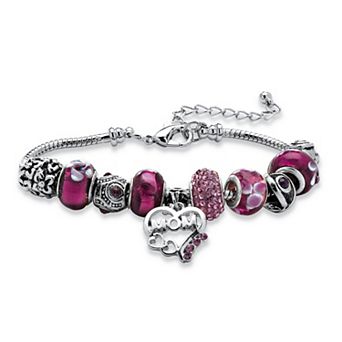 Purple Crystal Bali-Style Beaded Mom Charm Bracelet in Silvertone