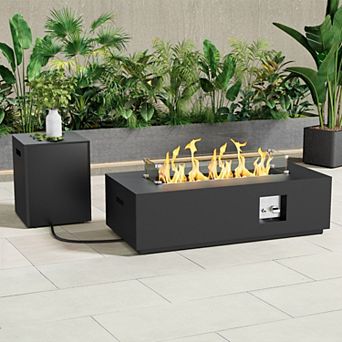 42" Rectangular Propane Fire Pit Table 50,000 BTU Fireplace Table with Wind Guard（Black）