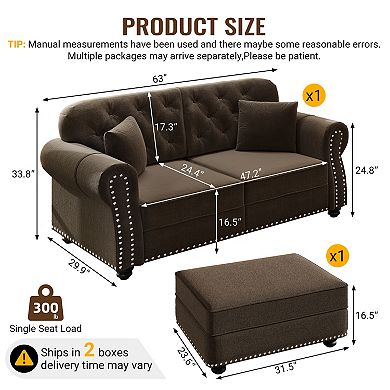Merax Chesterfield Velvet Loveseat Sofa with Ottoman
