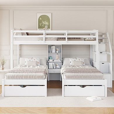 Merax Twin Triple Bunk Bed with Storage Drawers & Staircase Shelves