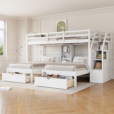 Merax Twin Triple Bunk Bed with Storage Drawers & Staircase Shelves