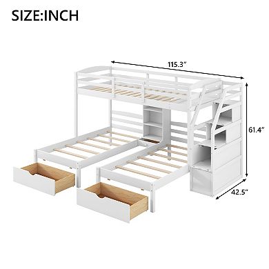 Merax Twin Triple Bunk Bed with Storage Drawers & Staircase Shelves