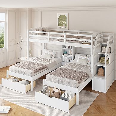 Merax Twin Triple Bunk Bed with Storage Drawers & Staircase Shelves