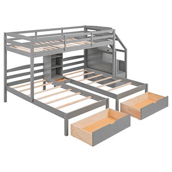 Merax Twin Triple Bunk Bed with Storage Drawers & Staircase Shelves