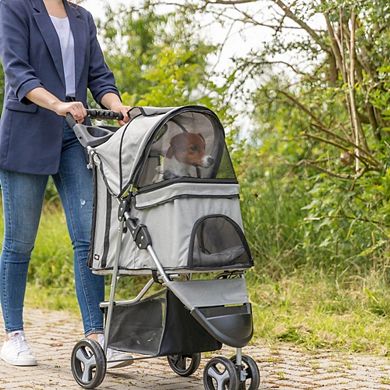 3-Wheeled Foldable Dog & Cat Stroller with Canopy and Storage Compartments