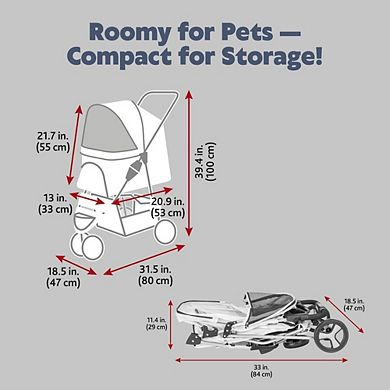 3-Wheeled Foldable Dog & Cat Stroller with Canopy and Storage Compartments
