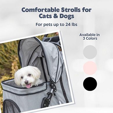 3-Wheeled Foldable Dog & Cat Stroller with Canopy and Storage Compartments