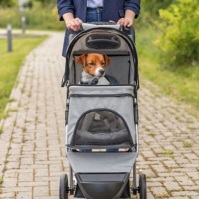 3-Wheeled Foldable Dog & Cat Stroller with Canopy and Storage Compartments