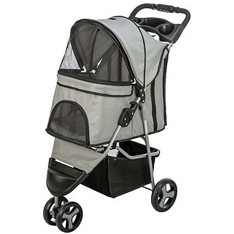 3-Wheeled Foldable Dog & Cat Stroller with Canopy and Storage Compartments