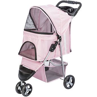 3-Wheeled Foldable Dog & Cat Stroller with Canopy and Storage Compartments