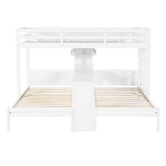 Merax Twin over Twin&Twin Bunk Bed with Built-in Desk and Storage Shelves