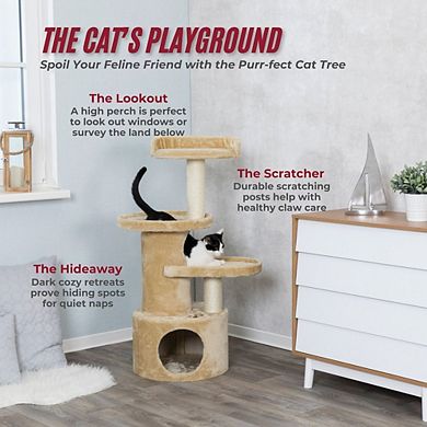 Oviedo Plush 3-Level Cat Tree with Sisal Scratching Posts, Condo & Tunnel