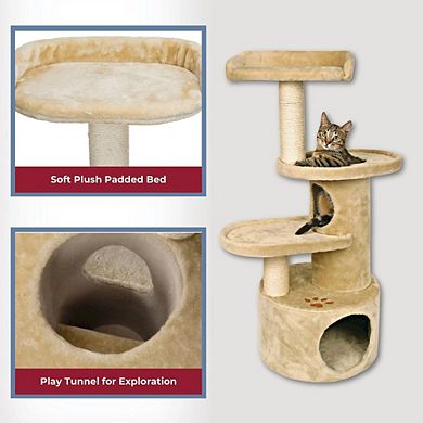 Oviedo Plush 3-Level Cat Tree with Sisal Scratching Posts, Condo & Tunnel