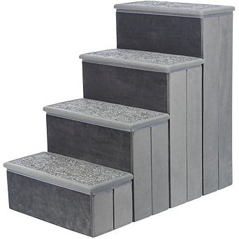 4-Step Foldable Velour Pet Stairs with Storage