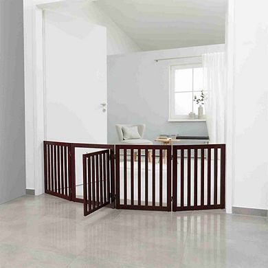 4-Panel Convertible Wooden 80" Freestanding Pet Gate - Pen with Pet Door