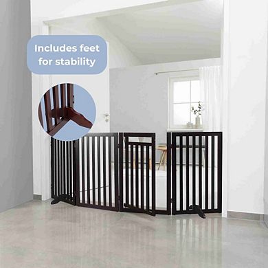 4-Panel Foldable Wood Freestanding Pet Gate, Walk Thru Door, Expands to 80"