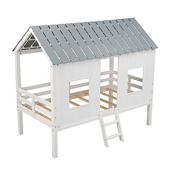 Merax Twin Size Low Loft House Bed with Roof and Two Front Windows