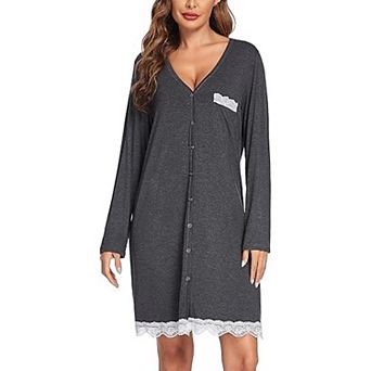 Ekouaer Women's Nightgown Striped Tee Long Sleeve Comfy Sleep Nightshirt Button Down Pajama Dress