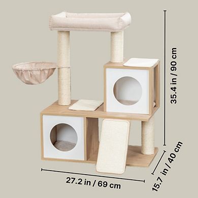 Addison Sisal & Wood 35.5" Cat Tree, Modern Cat Tower, Condos, Hammock, Cozy Bed