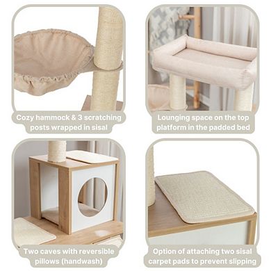 Addison Sisal & Wood 35.5" Cat Tree, Modern Cat Tower, Condos, Hammock, Cozy Bed