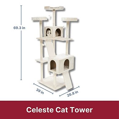 Celeste Plush 4-Level 69" Cat Tree Sisal Scratching Posts Condo & Cat Toy Cream