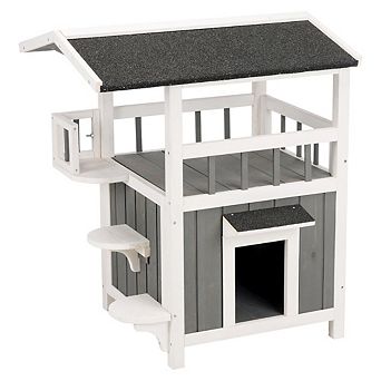 Wooden Outdoor or Indoor Cat House with Shaded Balcony for Small Cats