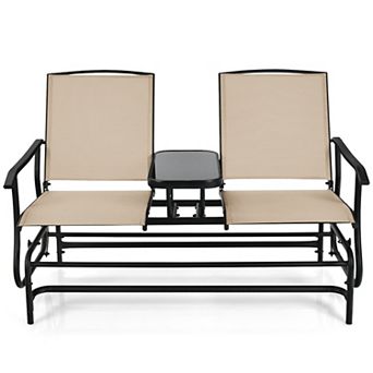 2 Person Rocking Loveseat with Mesh Fabric and Glass Table