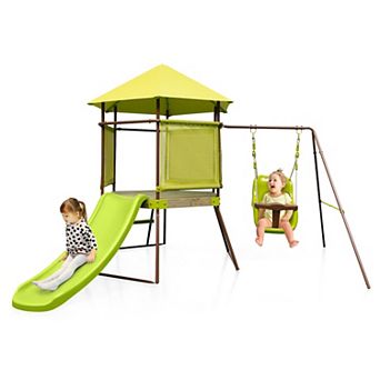 4 in 1 Kids Swing Set with Covered Playhouse Fort Slide and Baby Seat Green