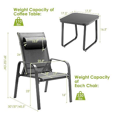 3 Piece Stackable Patio Bistro Set with Adjustable Backrest