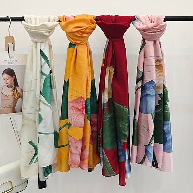 Womens Floral Lotus Print Satin Scarf Lightweight Wrap for Handbag Styling
