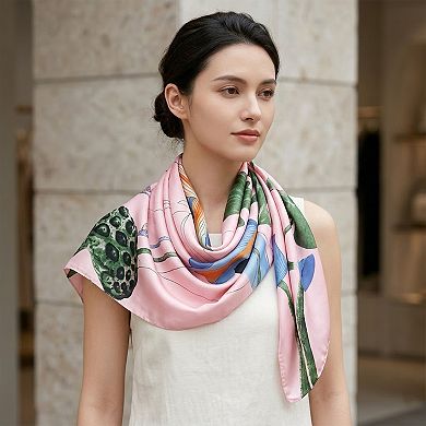 Womens Floral Lotus Print Satin Scarf Lightweight Wrap for Handbag Styling