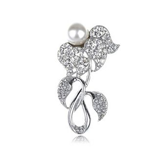 Bridal White Faux Pearl Bead Bud Flower Clear Ice Crystal Rhinestone Brooch Pin