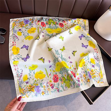 Womens Satin Floral Butterfly Print Square Scarf Lightweight Elegant Neck Wrap
