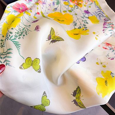 Womens Satin Floral Butterfly Print Square Scarf Lightweight Elegant Neck Wrap