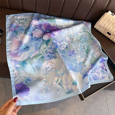 Womens Satin Watercolor Floral Square Scarf Lightweight Elegant Neck Wrap