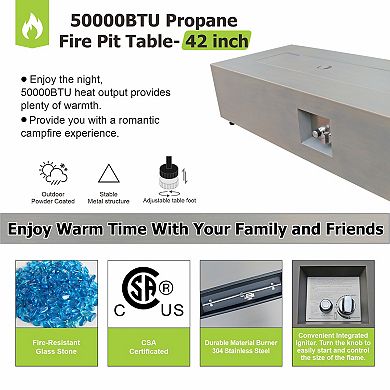 42" Propane Fire Pit Table with LED Light - 50,000 BTU with Wind Guard(Light Brown/Warm Light)