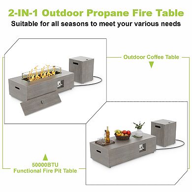 42" Propane Fire Pit Table with LED Light - 50,000 BTU with Wind Guard(Light Brown/Warm Light)