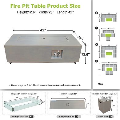 42" Propane Fire Pit Table with LED Light - 50,000 BTU with Wind Guard(Light Brown/Warm Light)