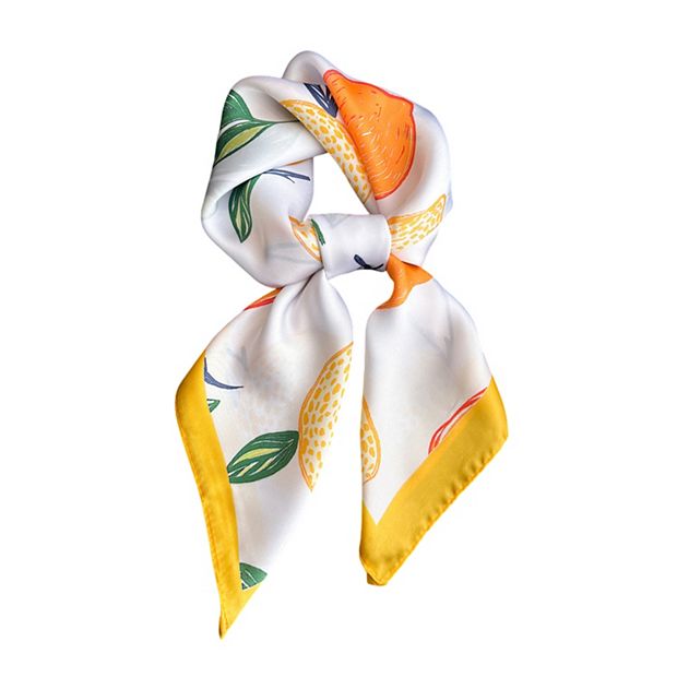 Square Satin Scarf Floral Lemon Print Lightweight Hair Neck 