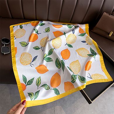 Square Satin Scarf Floral Lemon Print Lightweight Hair Neck Accessory