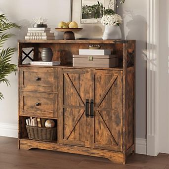 Farmhouse Storage Cabinet with Drawers & Open Shelves, Freestanding Kitchen Pantry with 2 Barn Doors