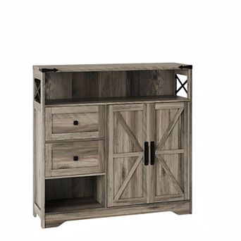 Farmhouse Storage Cabinet with Drawers & Open Shelves, Freestanding Kitchen Pantry with 2 Barn Doors
