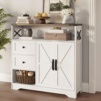 Farmhouse Storage Cabinet with Drawers & Open Shelves, Freestanding Kitchen Pantry with 2 Barn Doors
