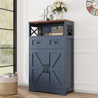 Farmhouse Storage Cabinet, Freestanding Cabinet with 2 Barn Doors & 5 Drawers for Kitchen Home