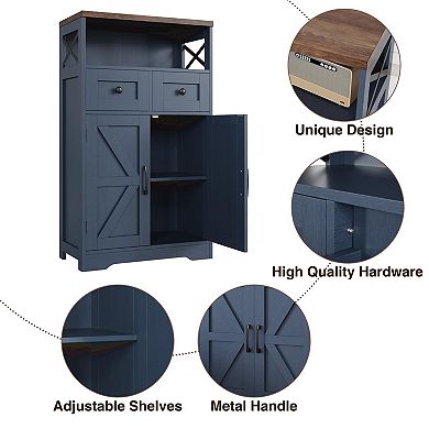 Farmhouse Storage Cabinet, Freestanding Cabinet with 2 Barn Doors & 5 Drawers for Kitchen Home
