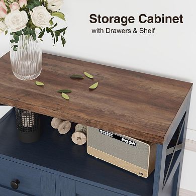 Farmhouse Storage Cabinet, Freestanding Cabinet with 2 Barn Doors & 5 Drawers for Kitchen Home