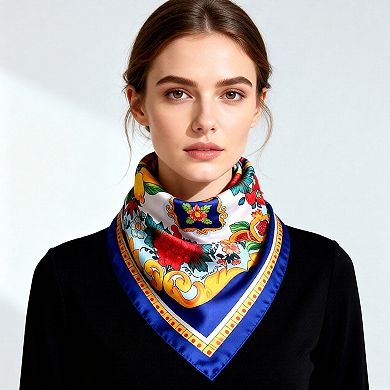 Square Satin Scarf Floral Lemon Print Lightweight Hair Neck Accessory