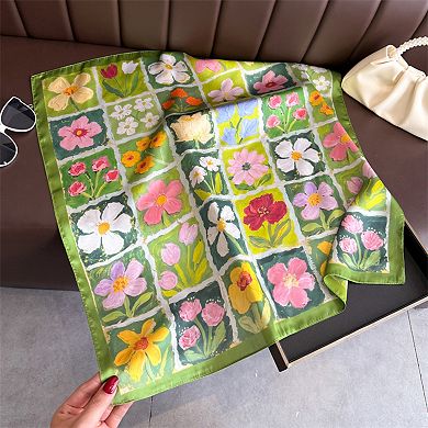 Floral Patchwork Satin Square Scarf Lightweight Soft Hair Neck Wrap Accessory
