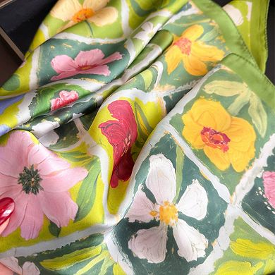 Floral Patchwork Satin Square Scarf Lightweight Soft Hair Neck Wrap Accessory